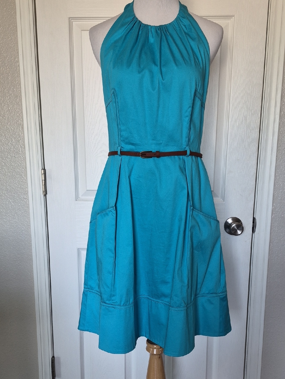 Calvin Klein Turquoise Halter Midi Dress with Brown Belt